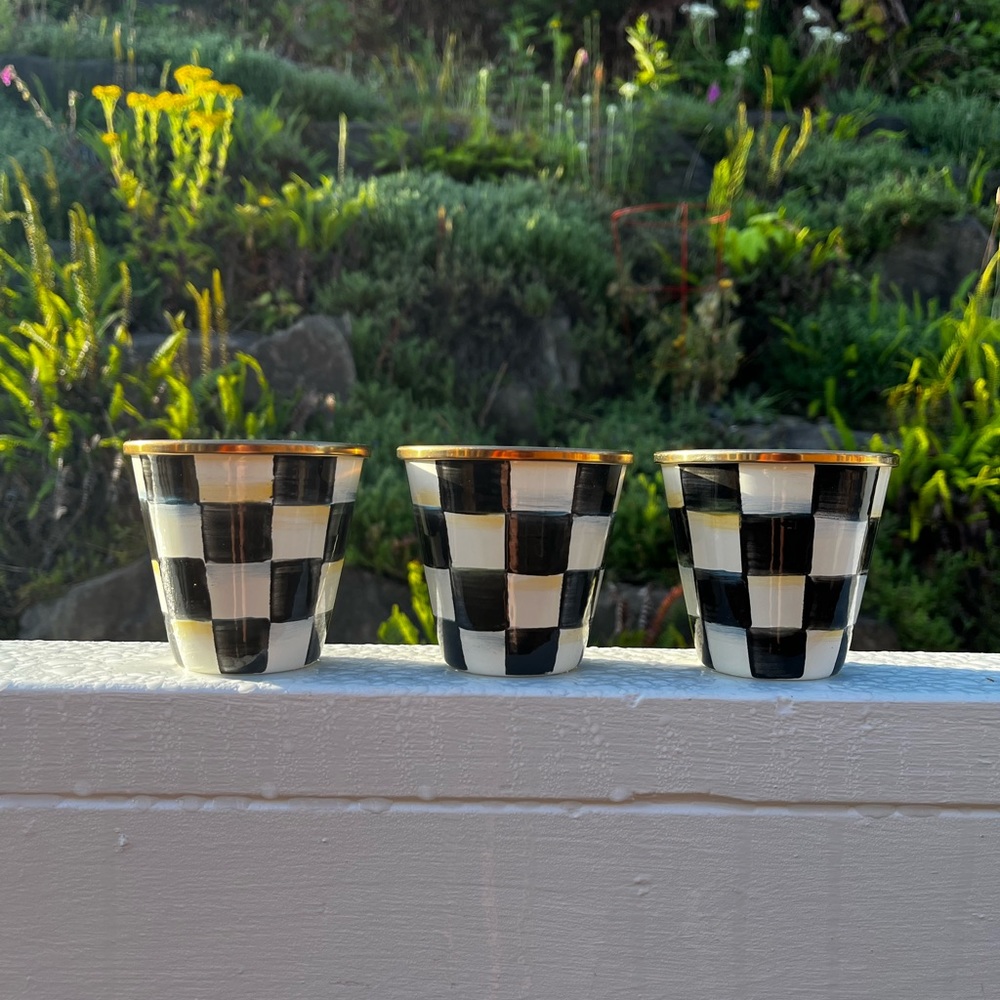 Luxury MacKenzie-Child’s trio enamel herb pot set.